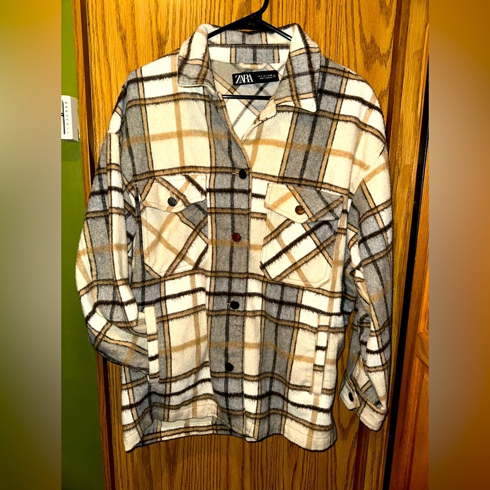 Zara Tan Brown Plaid Button Down Wool Jacket